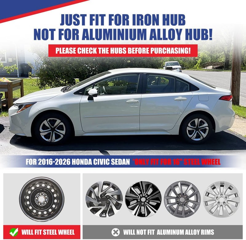 Winjet 16" Hubcaps Set of 4 for 2016-2026 Honda Civic Sedan Wheel Covers Compatible With[Honda Civic Sedan 2016 2017 2018 2019 2020 2021 2022 2023 2024 2025 2026], Only Fit Steel Wheel (Black Lacquer) - Image 3